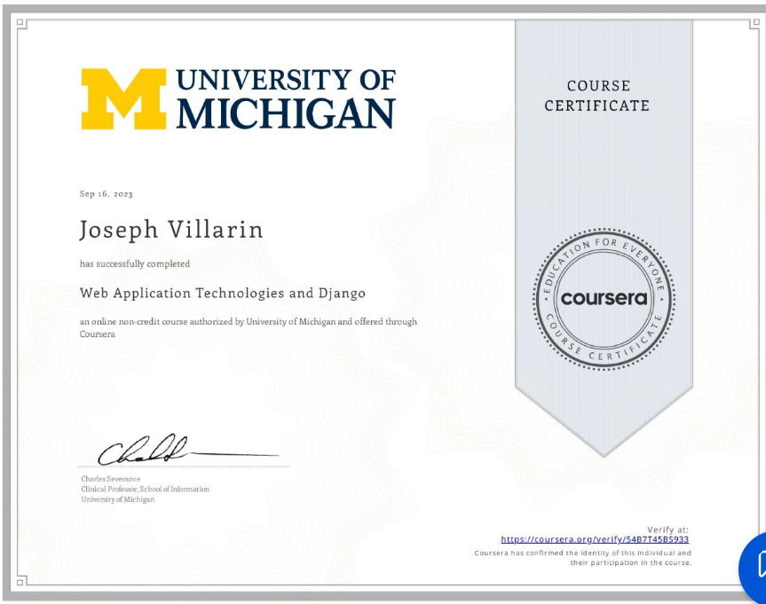 Web Application Technologies and Django certificate